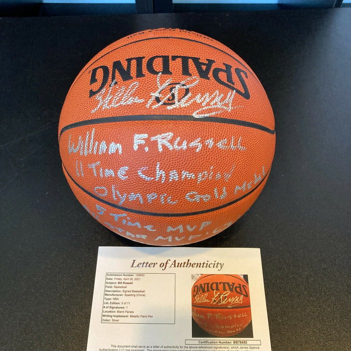 Extraordinary Bill Russell Signed Heavily Inscribed STAT Basketball #5/11 JSA