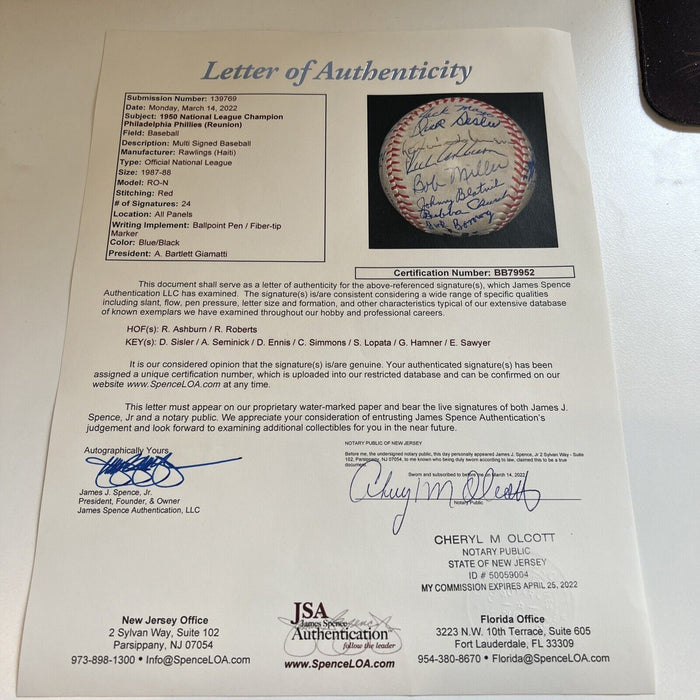 1950 Philadelphia Phillies Whiz Kids NL Champions Team Signed Baseball JSA COA
