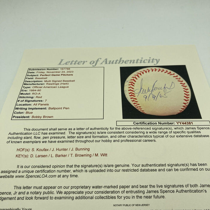 Sandy Koufax Perfect Game Pitchers Signed Baseball With Inscriptions JSA COA