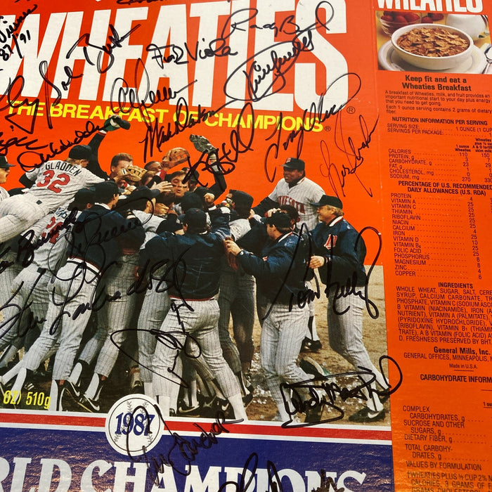 1987 Minnesota Twins World Series Champs Team Signed Wheaties Box With JSA COA