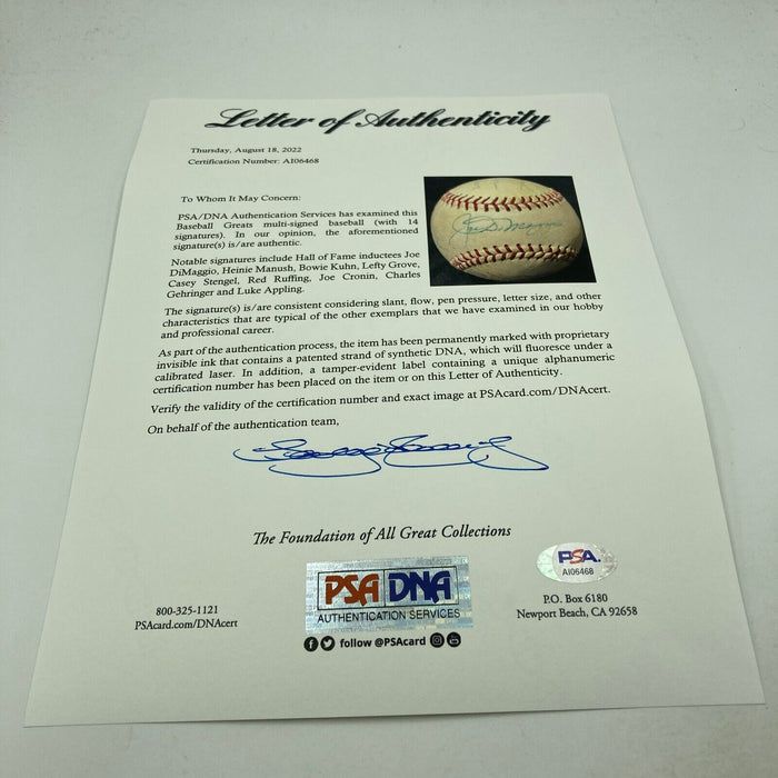 Joe DiMaggio Casey Stengel Heinie Manush HOF Multi Signed Baseball PSA DNA COA