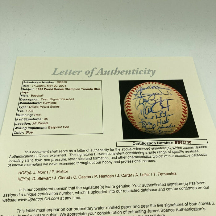 Nice 1993 Toronto Blue Jays World Series Champs Team Signed Baseball JSA COA