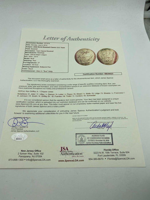 2006 WBC Team Signed Baseball Derek Jeter Ken Griffey Jr. Chipper Jones JSA COA