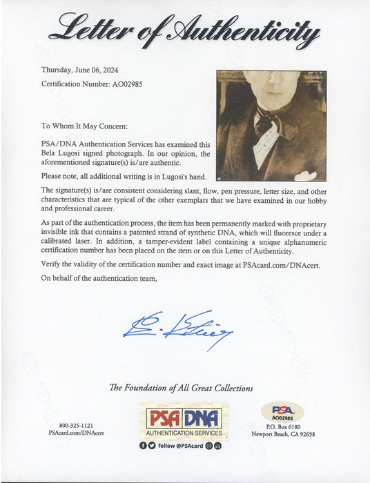 Bela Lugosi Dracula Signed 8x10 Vintage 1934 Photo PSA DNA COA