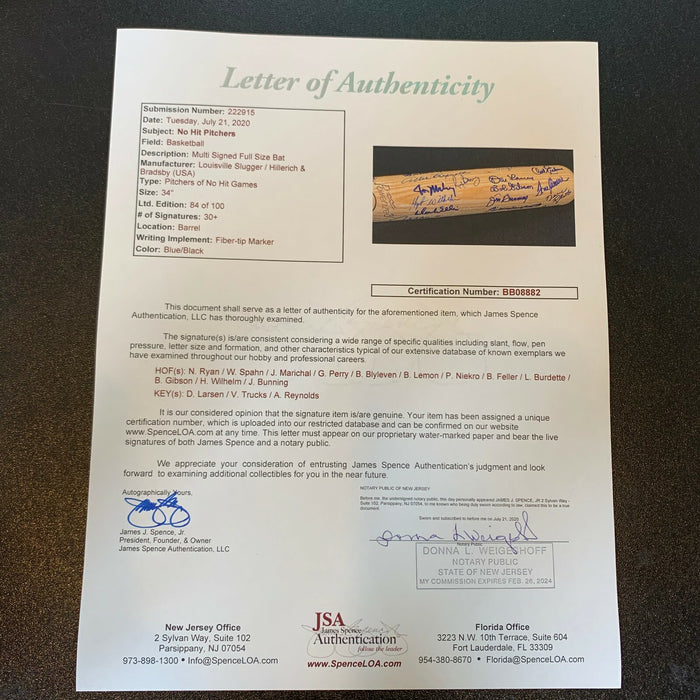 Beautiful Tom Seaver Bob Gibson Nolan Ryan No Hitter Pitchers Signed Bat JSA COA