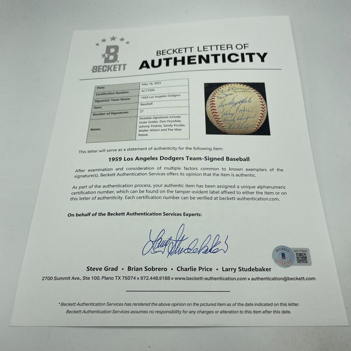 1959 Los Angeles Dodgers World Series Champs Team Signed Baseball Koufax Beckett