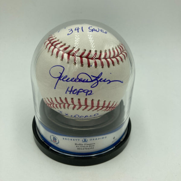 Rollie Fingers Signed Inscribed STAT Baseball Beckett BGS Graded MINT 9
