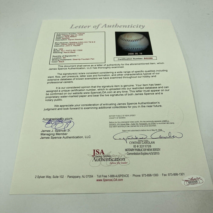 Hack Wilson Single Signed 1932 Official National League Baseball JSA COA