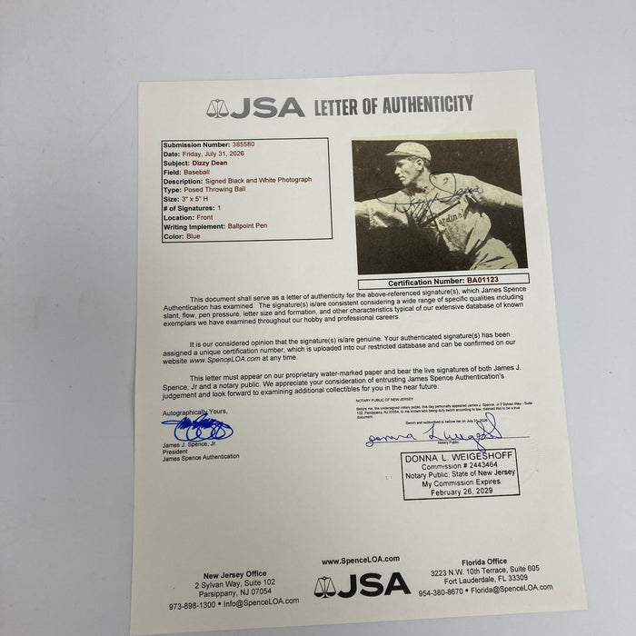 Rare Dizzy Dean Signed 1930's Baseball Photo JSA COA