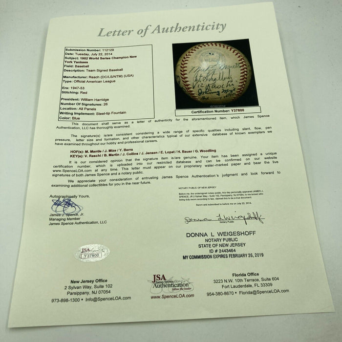 1952 New York Yankees World Series Champs Team Signed Baseball Mickey Mantle JSA