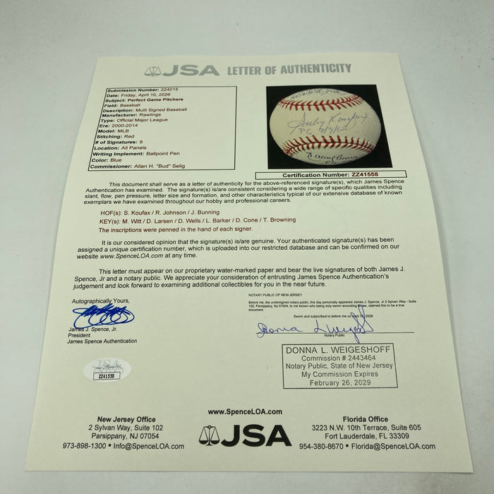 Sandy Koufax Perfect Game Pitchers Signed Baseball With Inscriptions JSA COA