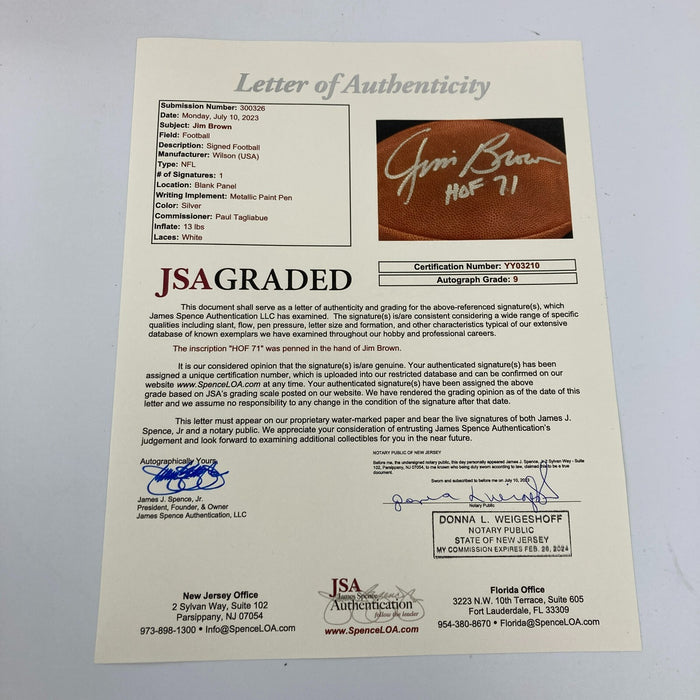 Jim Brown Hall Of Fame 1971 Signed Wilson Game Football JSA Graded 9 MINT