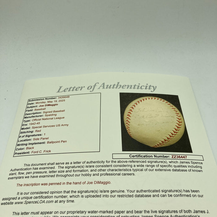 Joe Dimaggio Signed 1944 World War 2 Official National League Baseball JSA COA