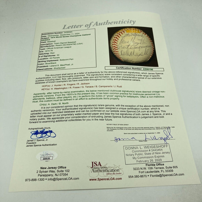 1974 Oakland A’s World Series Champs Team Signed Baseball JSA COA