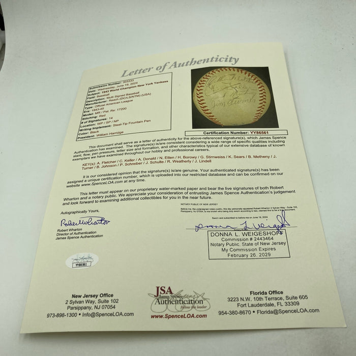 1943 New York Yankees World Series Champs Team Signed Baseball JSA COA RARE