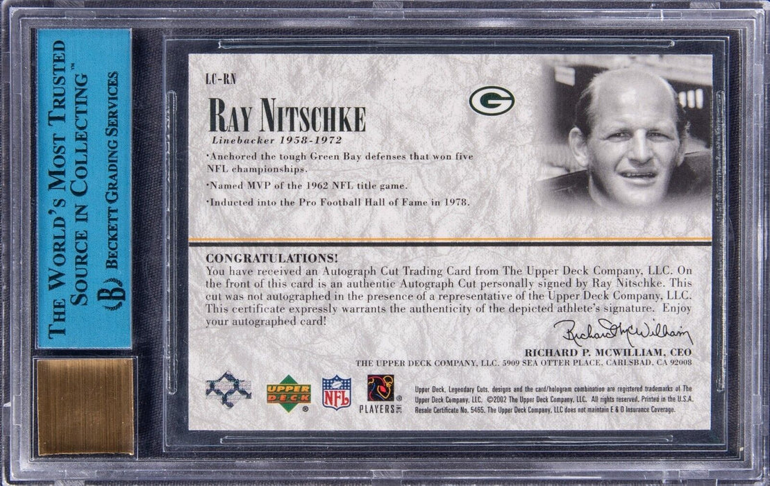 2002 Upper Deck SP Legendary Cuts Autographs Ray Nitschke BGS Auto 10 Packers