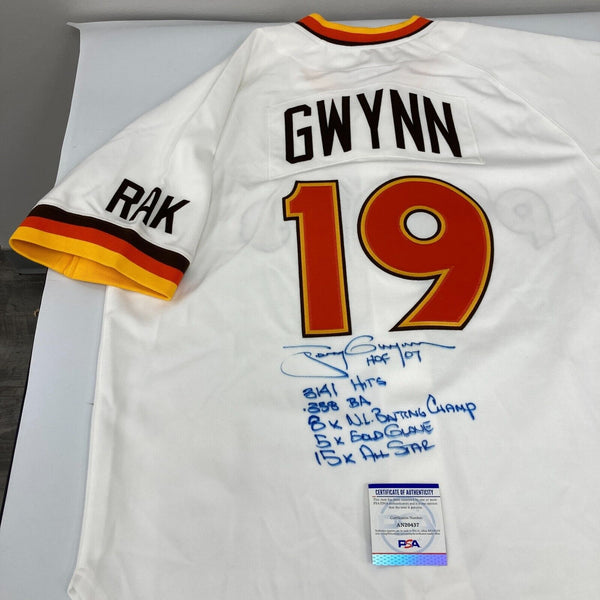 Tony Gwynn Signed Heavily Inscribed STATS San Diego Padres Authentic Jersey PSA