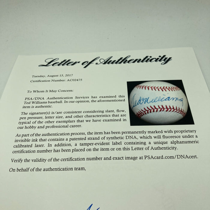 Beautiful Ted Williams Signed Official American League Baseball PSA DNA