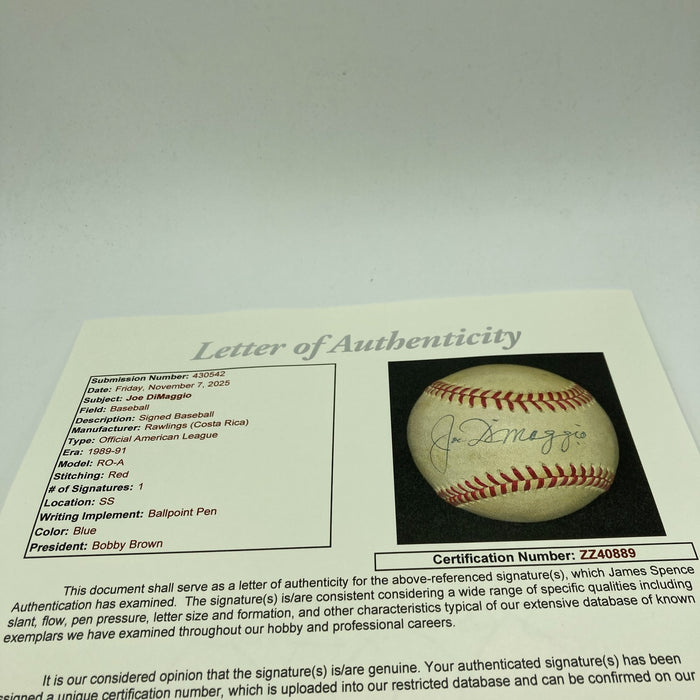 Joe Dimaggio Signed Official American League Baseball JSA COA
