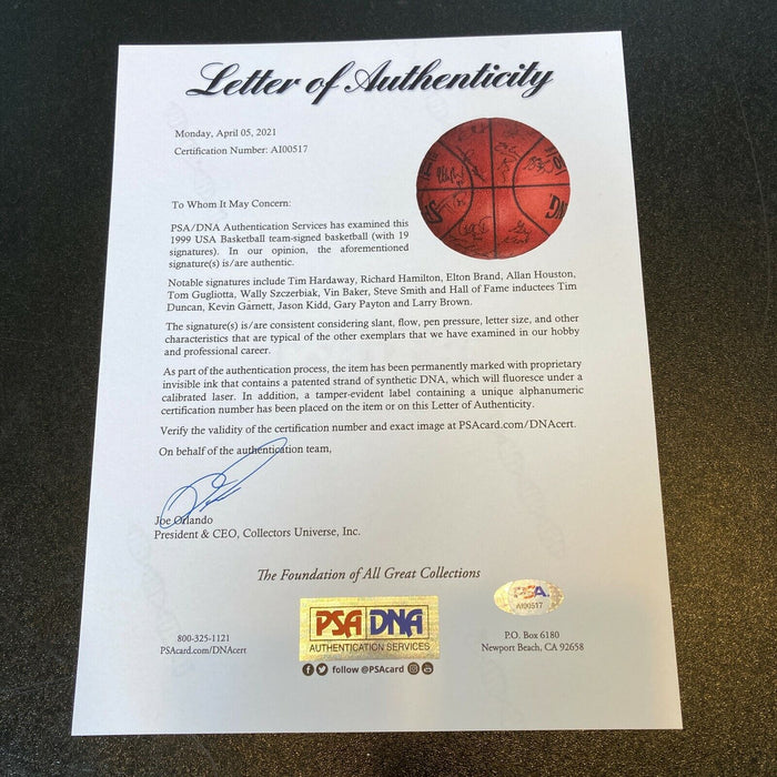 Tim Duncan Kevin Garnett 1999 Team USA Olympics Signed Basketball 19 Sig PSA DNA