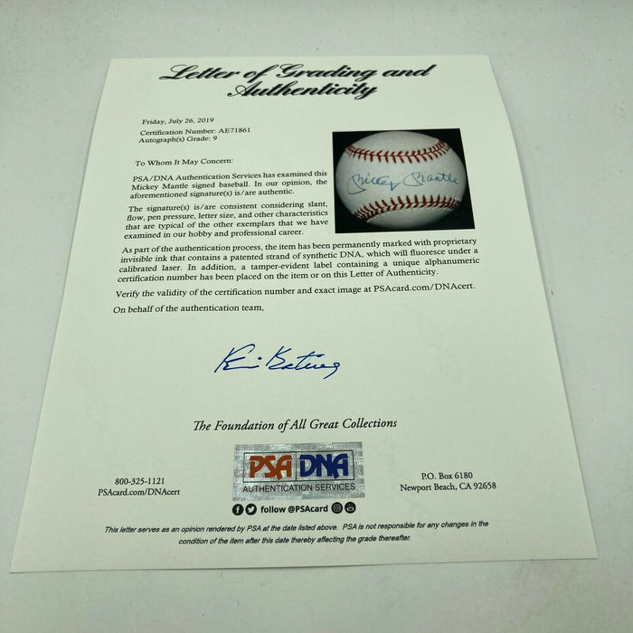 Beautiful Mickey Mantle Signed American League Baseball PSA DNA Graded MINT 9