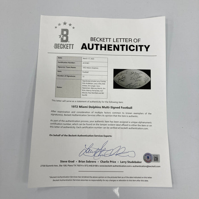 1972 Miami Dolphins Super Bowl Champs Team Signed Football Beckett COA