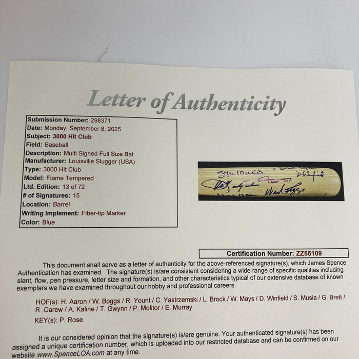 Beautiful 3,000 Hit Club Multi Signed Baseball Bat Willie Mays Hank Aaron JSA