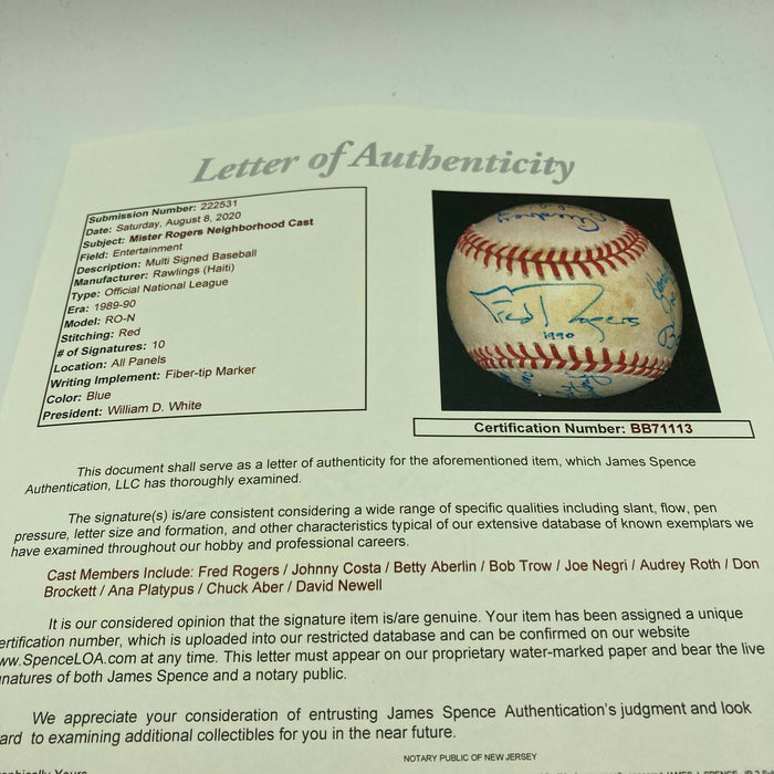 Extraordinary Fred Rogers & Mr. Rogers Neighborhood Cast Signed Baseball JSA COA