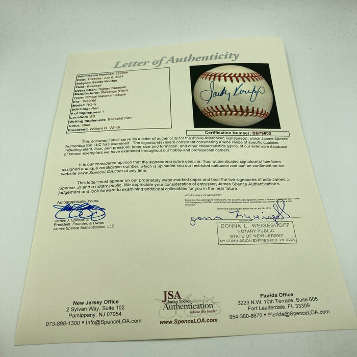 Beautiful Sandy Koufax Signed Official National League Baseball With JSA COA