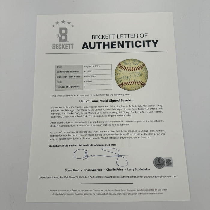 Cy Young Jimmie Foxx Tris Speaker Hall Of Fame Multi Signed Baseball Beckett COA