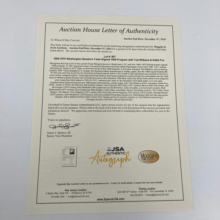 Ted Williams & Nellie Fox 1969 Washington Senators Team-Signed Program JSA COA