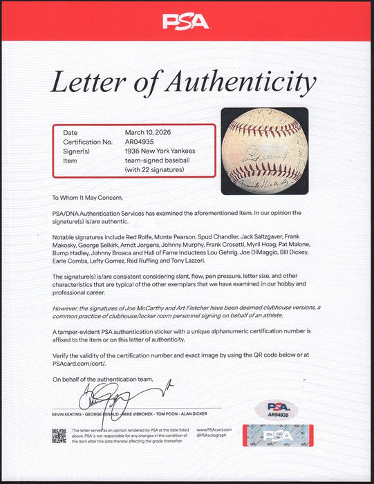 1936 New York Yankees World Series Champs Team Signed Baseball Lou Gehrig PSA