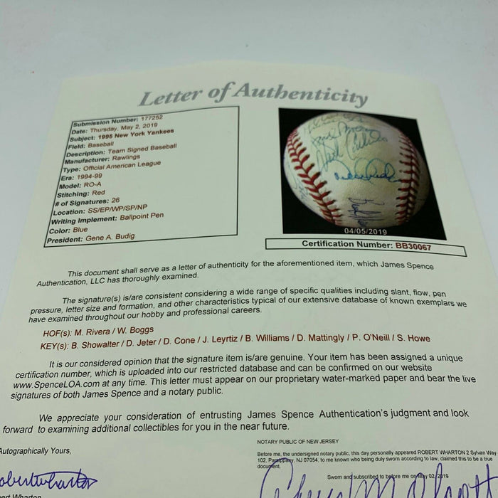 Derek Jeter Mariano Rivera Rookie Season 1995 Yankees Team Signed Baseball JSA