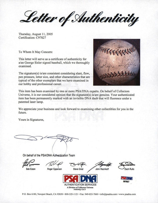 George Sisler Single Signed 1920's Official American League Baseball PSA DNA COA