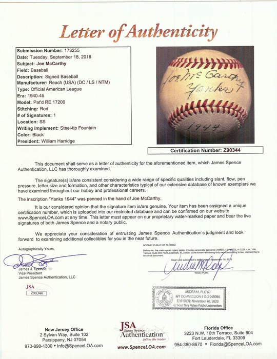 Joe Mccarthy Single Signed American League Baseball JSA COA