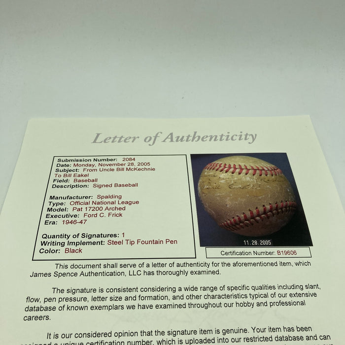 Bill McKechnie Single Signed 1946 National League Frick Baseball JSA COA HOF