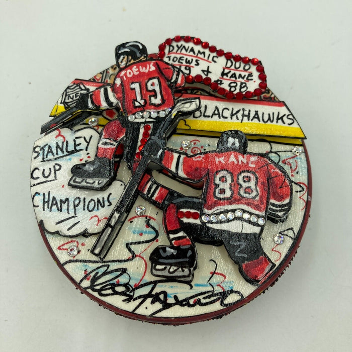 Patrick Kane & Jonathan Toews Hand Painted Charles Fazzino Signed Pop Art Puck