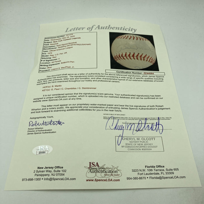 Billy Martin George Steinbrenner Chambliss 1976 ALCS Walk-off HR Signed Baseball