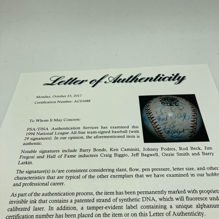 1994 All Star Game National League Team Signed Baseball Barry Bonds PSA DNA COA