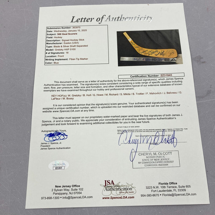 NHL 500 Goal Scorers Signed Wayne Gretzky Game Model Hockey Stick 18 Sigs JSA