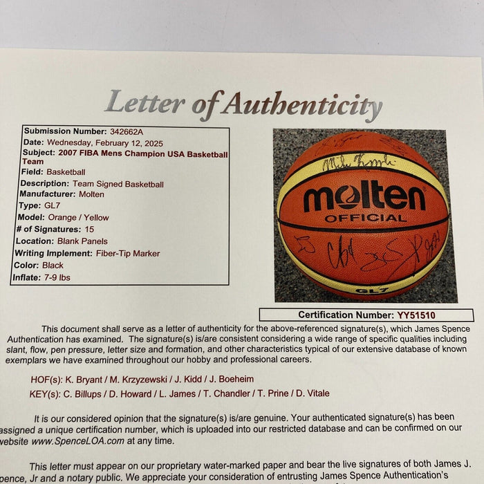 Kobe Bryant 2007 Team USA Signed Basketball 15 Sigs Olympics JSA COA