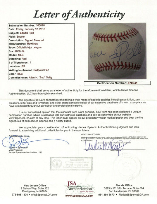 Pele "Edson" Full Name Signed Major League Baseball JSA COA Soccer Legend RARE