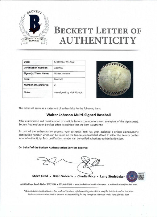 Walter Johnson Signed 1920's Baseball With Beckett COA