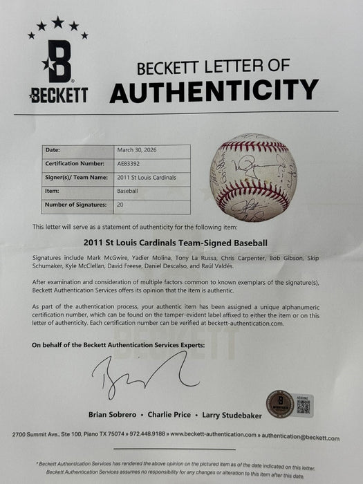 2011 St. Louis Cardinals World Series Champs Team Signed Baseball Beckett COA