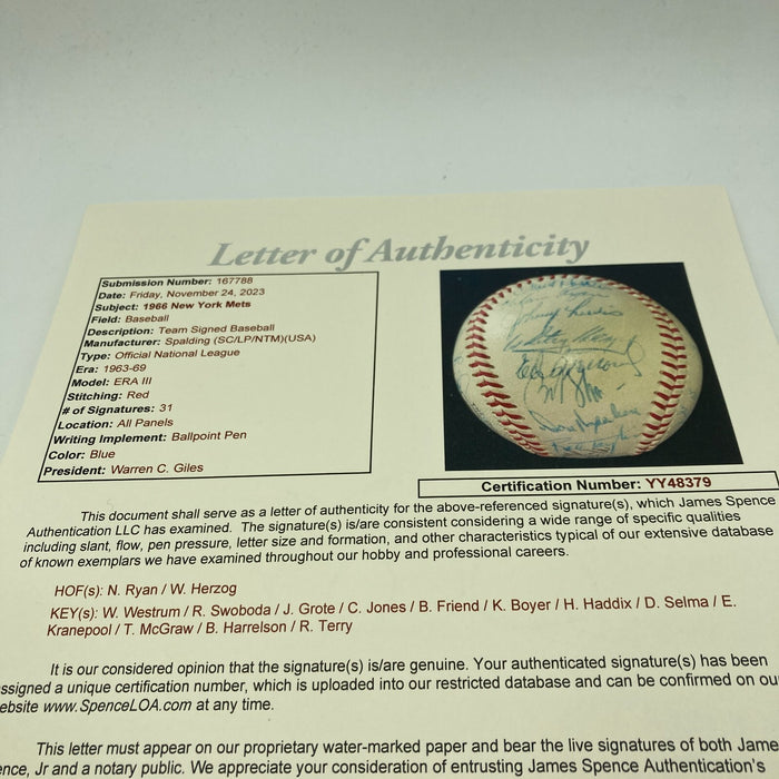 Nolan Ryan Rookie 1966 New York Mets Team Signed Baseball JSA & PSA DNA COA
