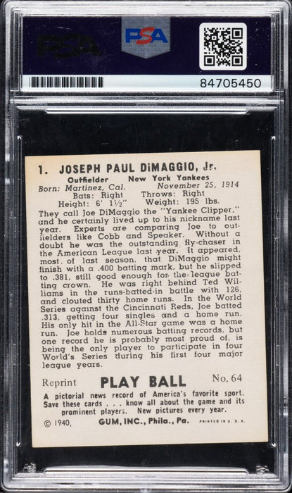 Joe Dimaggio Signed Signed 1940 Play Ball RP #64  PSA DNA Certified