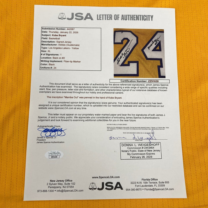 Kobe Bryant  "Mamba Out" Signed Authentic Adidas Los Angeles Lakers Jersey JSA