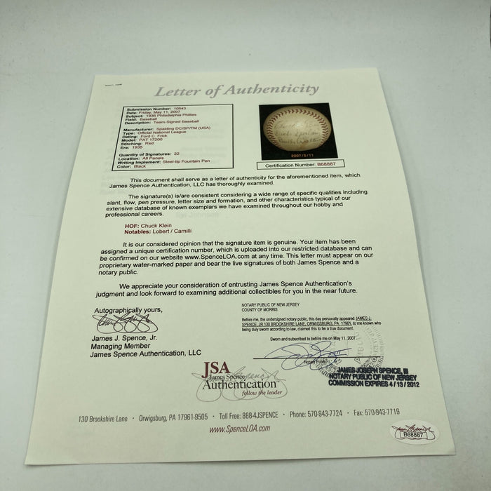 Chuck Klein 1936 Philadelphia Phillies Team Signed National League Baseball JSA