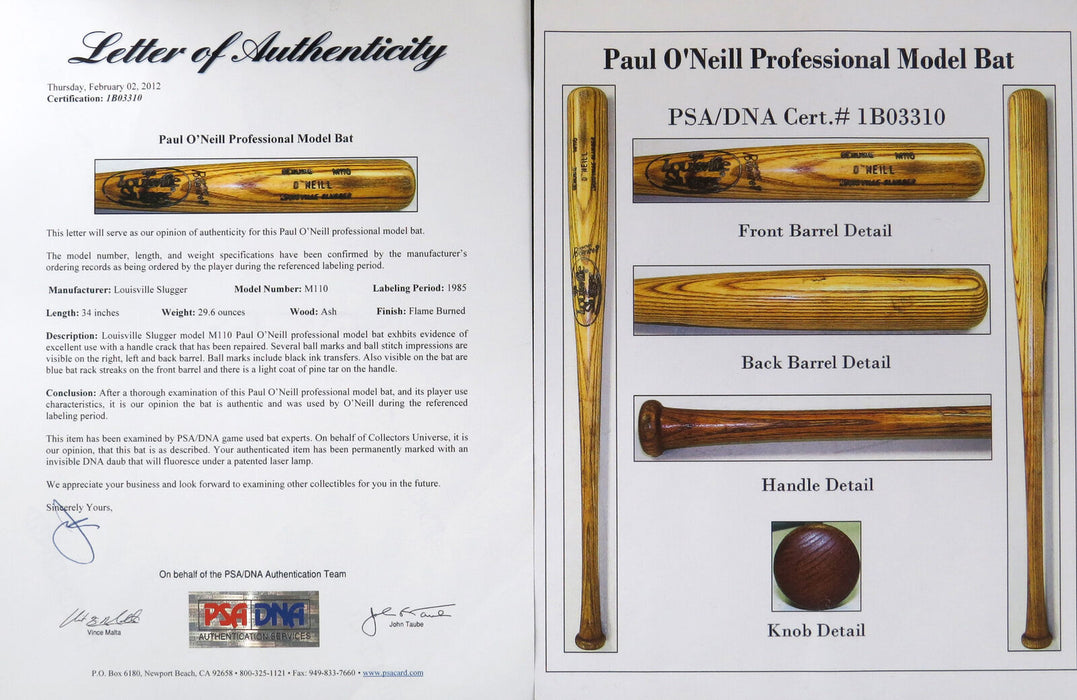 1985 Paul O'neill Rookie Season Game Used Bat Earliest One Known PSA DNA COA