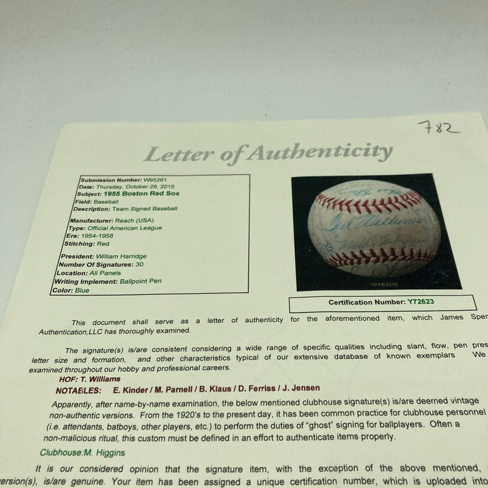 1955 Boston Red Sox Team Signed American League Baseball JSA COA